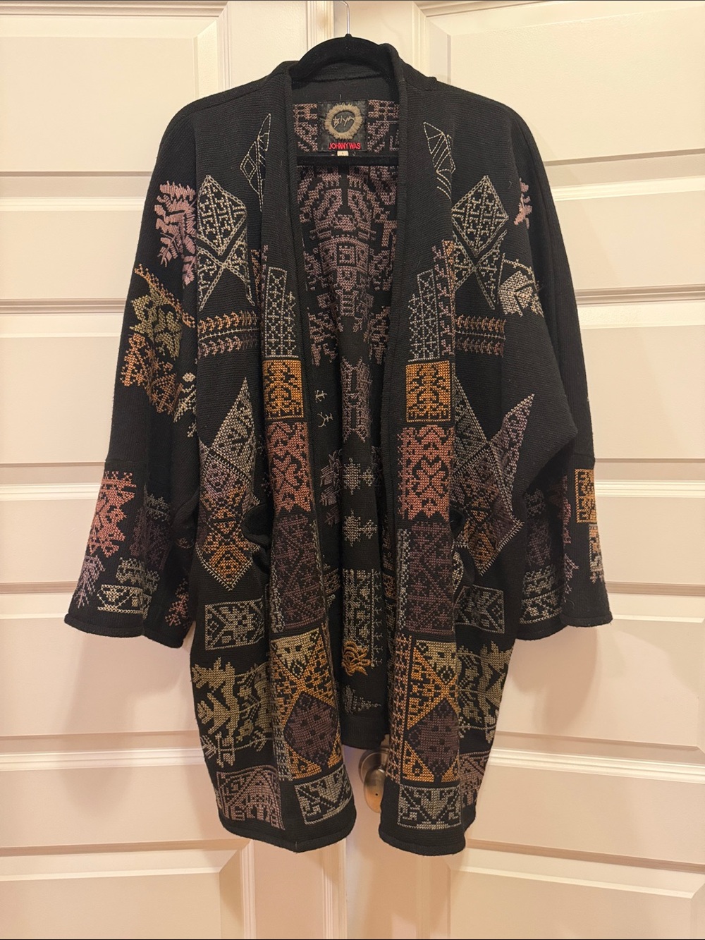 Johnny Was Black Open-Front Cardigan with Muted Multicolor Jacquard